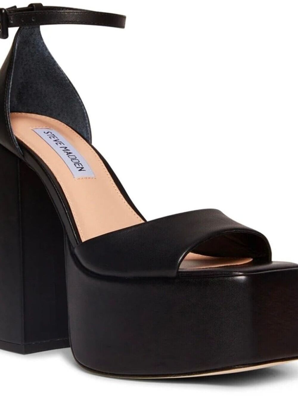 Steve Madden Kassiani Black Leather Platform Ankle-Strap Sandals